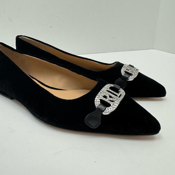 NEW Lauren Ralph Lauren | Lilah Black Velvet Crystal Logo Pointed Toe Flats - Picture 8 of 11
